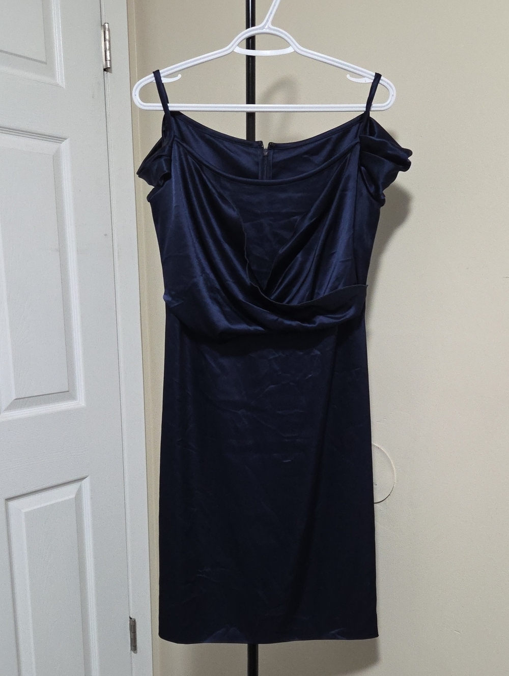 St. John Navy One-Shoulder Satin Cocktail Dress